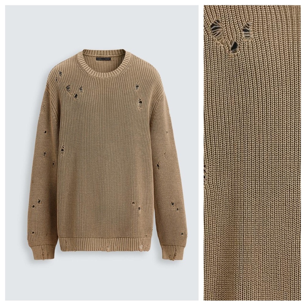 NWOT. Zara Man Camel Ripped Acid Wash Knit Sweater. Size M. - Picture 5 of 10